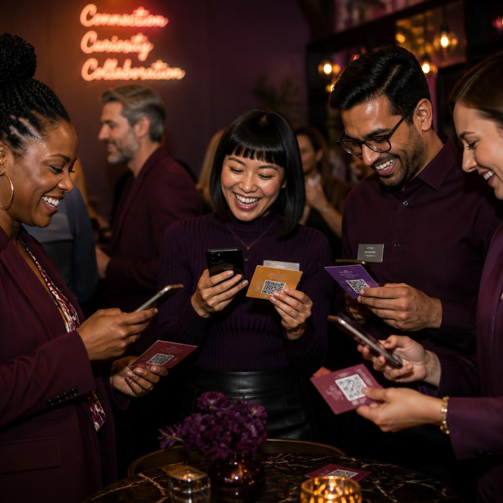 Collega's die lachend QR-kaartjes scannen tijdens een feestelijk moment
